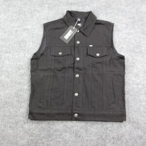 Straight To Hell Vest Mens L Black Biker Twill Denim Collared Pockets NWT